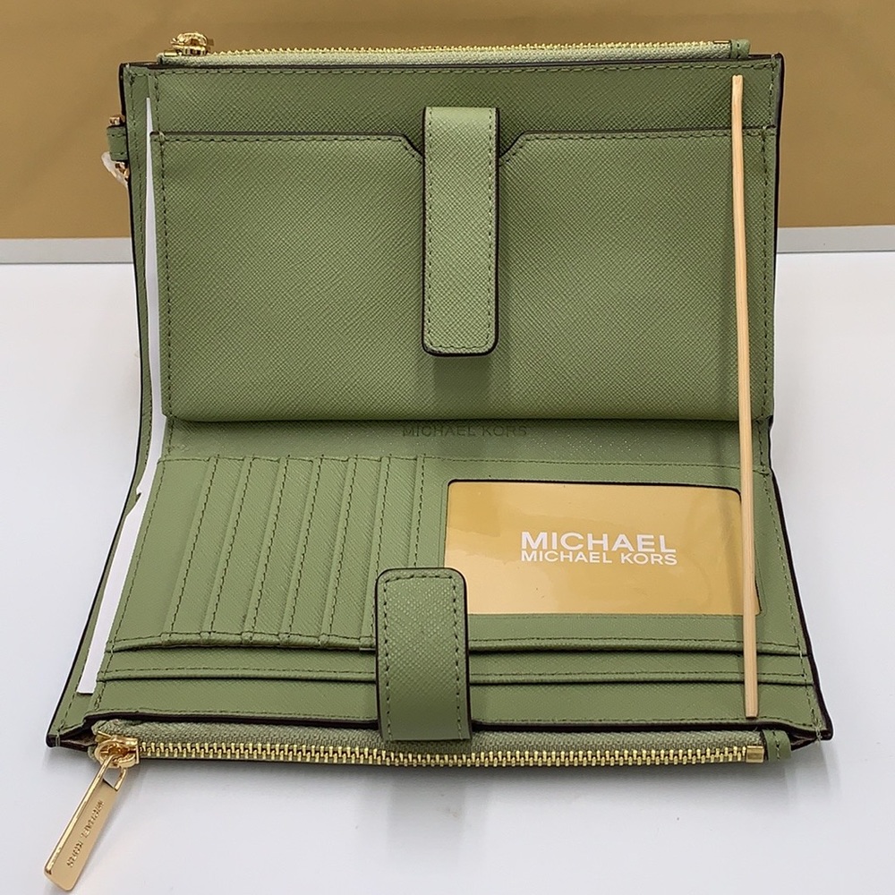 MICHAEL KORS LARGE DOUBLE ZIP WRISTLET WALLET LIGHT SAGE COLOR - Picture 3 of 12